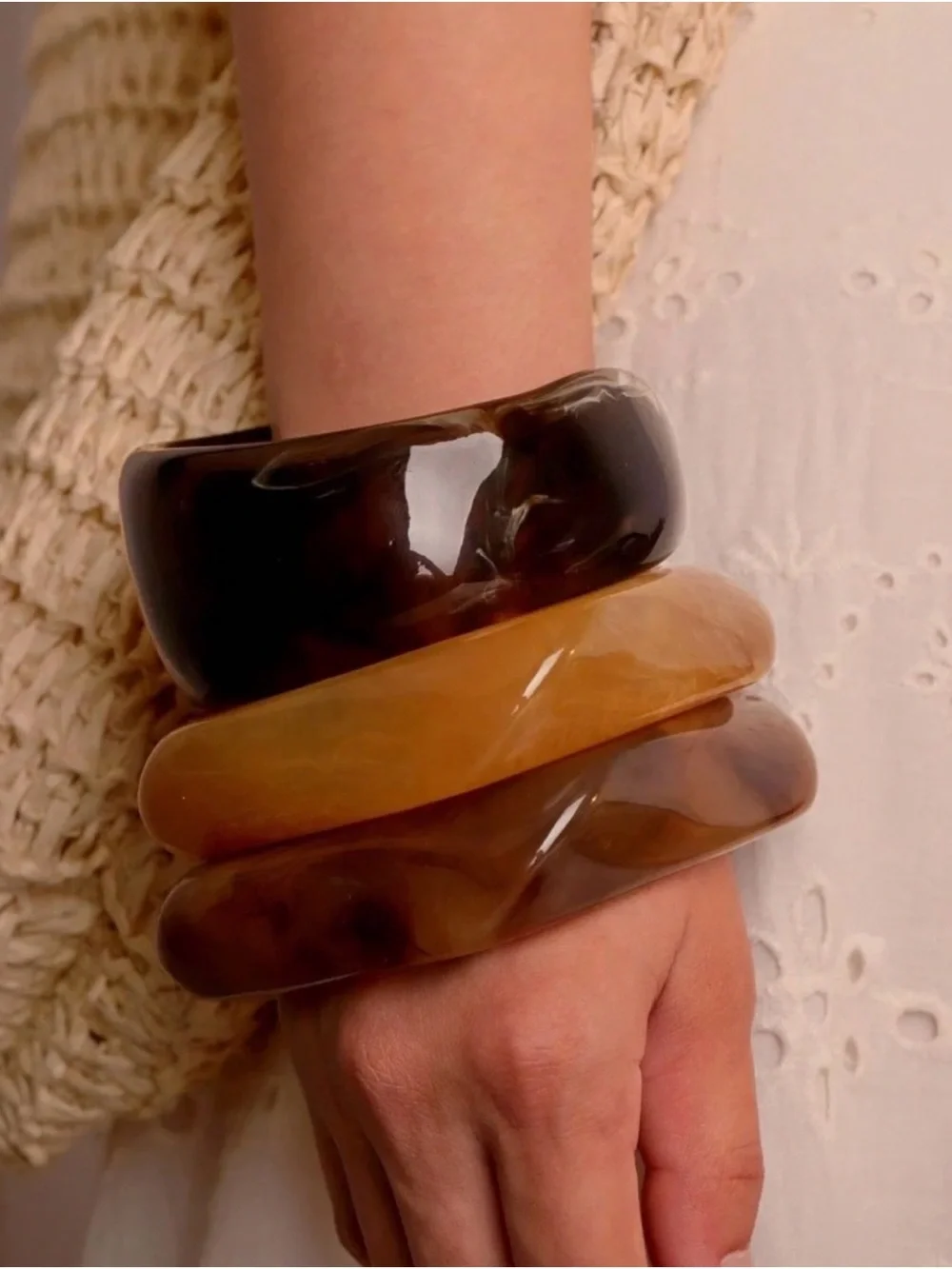 Chunky Resin Bangle Bracelet Set - Amber and Black